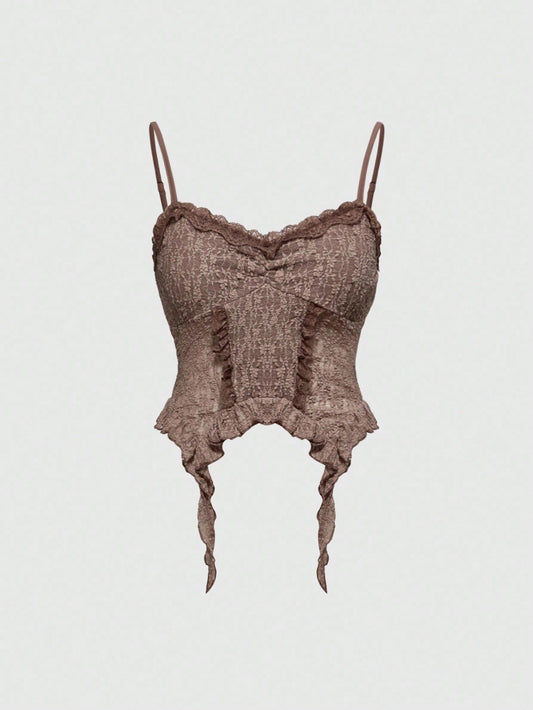 ROMWE Camiseta de tirantes ajustada con dobladillo asimétrico de encaje con textura desgastada y aspecto desaliñado