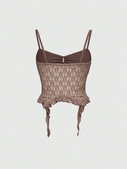 ROMWE Camiseta de tirantes ajustada con dobladillo asimétrico de encaje con textura desgastada y aspecto desaliñado