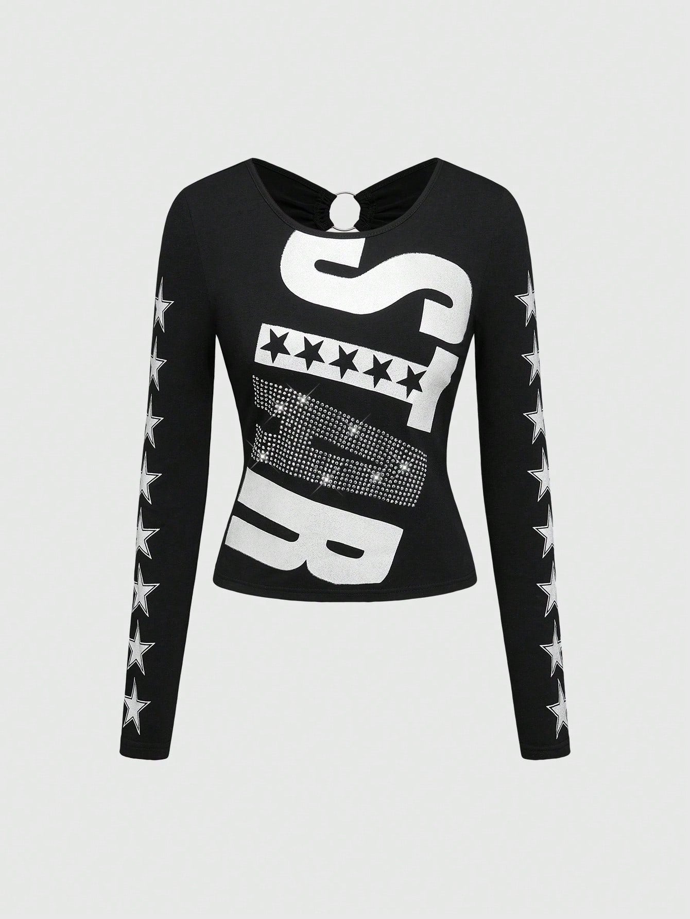 ROMWE Camiseta sin espalda para mujer con estampado de letras "Millennium Babe" y brillos