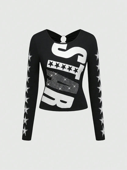 ROMWE Camiseta sin espalda para mujer con estampado de letras "Millennium Babe" y brillos