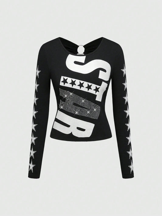 ROMWE Camiseta sin espalda para mujer con estampado de letras "Millennium Babe" y brillos