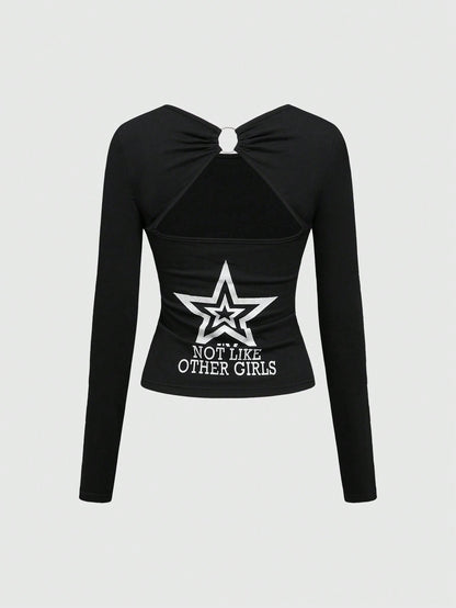 ROMWE Camiseta sin espalda para mujer con estampado de letras "Millennium Babe" y brillos