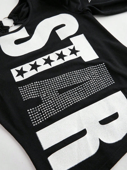 ROMWE Camiseta sin espalda para mujer con estampado de letras "Millennium Babe" y brillos