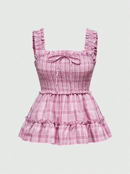 ROMWE Camiseta sin mangas a cuadros retro dulce y picante para mujer