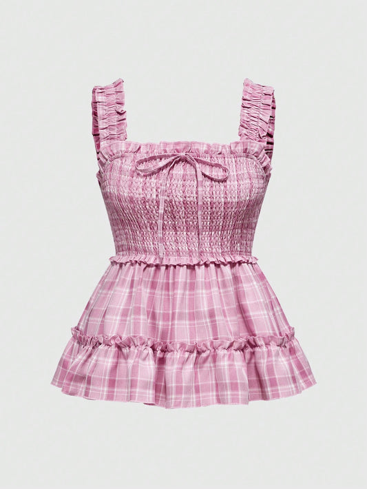 ROMWE Camiseta sin mangas a cuadros retro dulce y picante para mujer