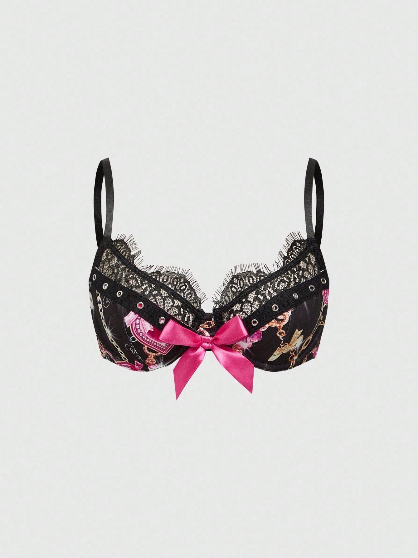 ROMWE J-Fashion Collar con colgante de corazón rosa y diamantes, diseño de texto con rhinestones, sujetador con aros y ribete de encaje ojal, estilo Gyaru de Shibuya J-Fashion