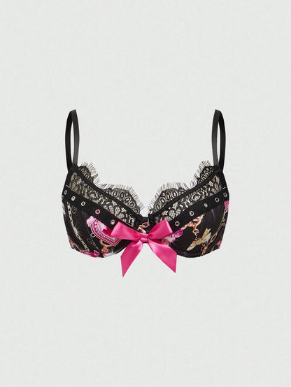 ROMWE J-Fashion Collar con colgante de corazón rosa y diamantes, diseño de texto con rhinestones, sujetador con aros y ribete de encaje ojal, estilo Gyaru de Shibuya J-Fashion