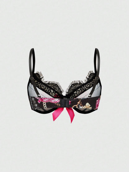 ROMWE J-Fashion Collar con colgante de corazón rosa y diamantes, diseño de texto con rhinestones, sujetador con aros y ribete de encaje ojal, estilo Gyaru de Shibuya J-Fashion