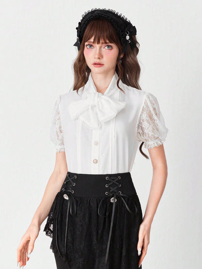 ROMWE EDITION Blusa elegante de mujer con cuello de encaje de unicolor y corbata