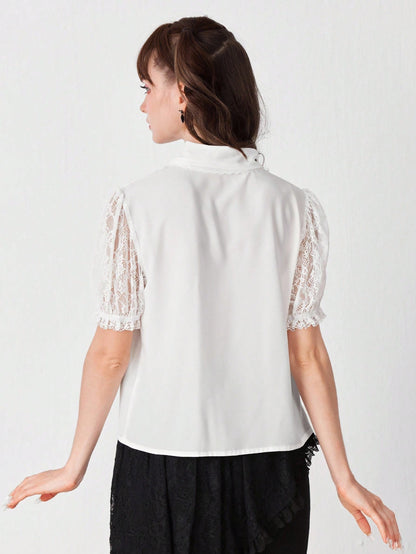 ROMWE EDITION Blusa elegante de mujer con cuello de encaje de unicolor y corbata