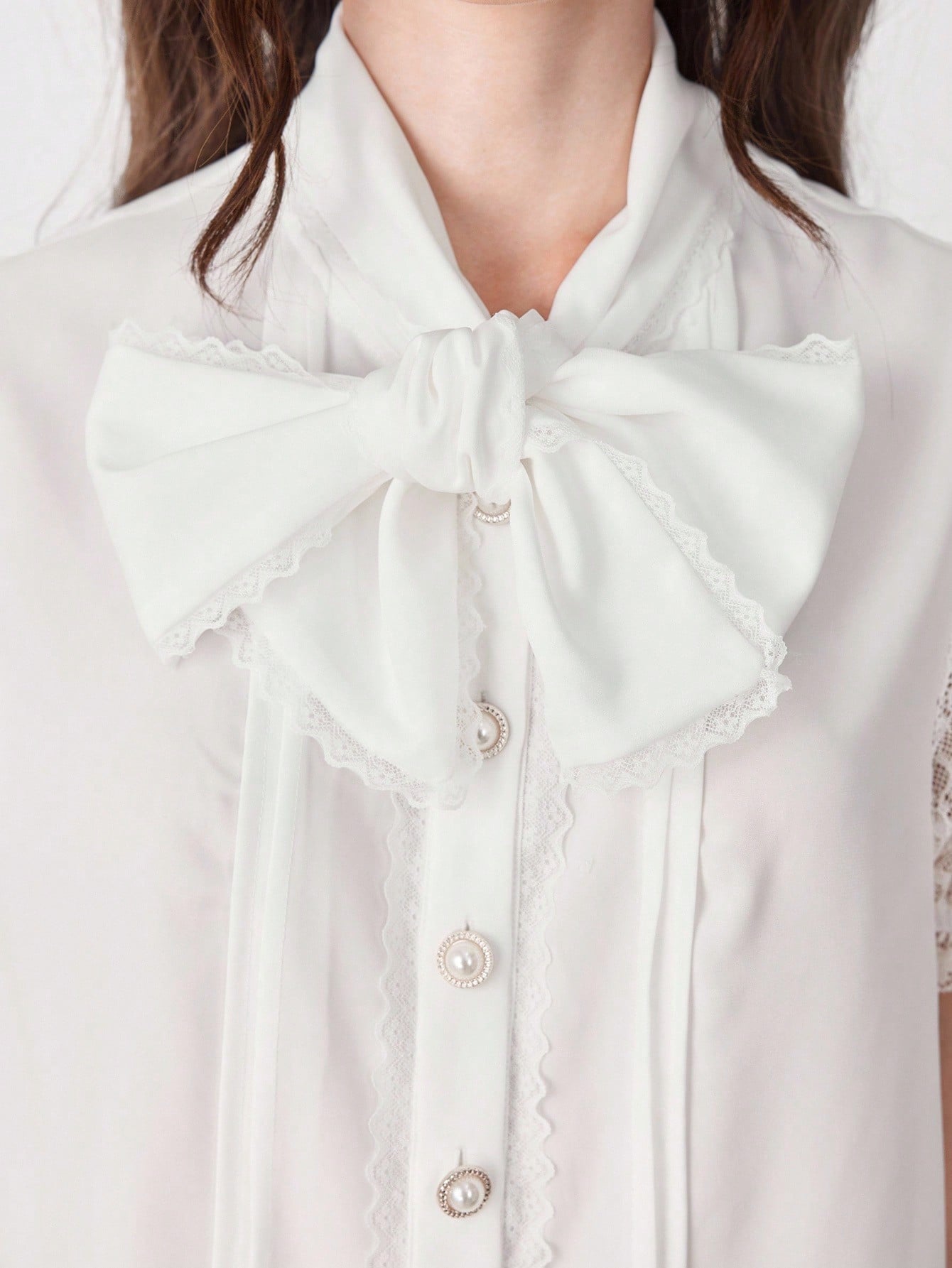 ROMWE EDITION Blusa elegante de mujer con cuello de encaje de unicolor y corbata