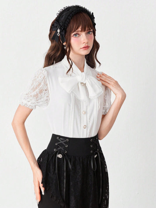 ROMWE EDITION Blusa elegante de mujer con cuello de encaje de unicolor y corbata