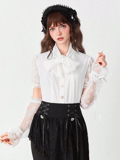 ROMWE EDITION Blusa elegante de mujer con cuello de encaje de unicolor y corbata