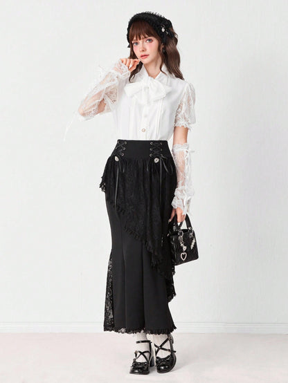 ROMWE EDITION Blusa elegante de mujer con cuello de encaje de unicolor y corbata