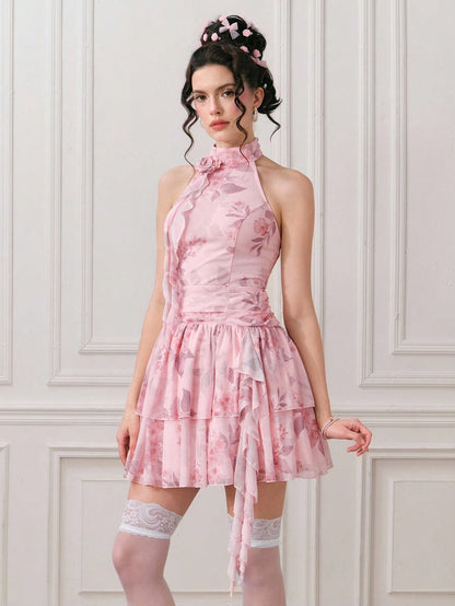 ROMWE EDITION Vestido corto elegante sin mangas con estampado floral y plisados para mujer