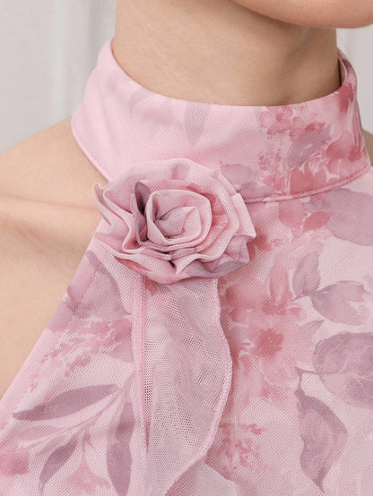 ROMWE EDITION Vestido corto elegante sin mangas con estampado floral y plisados para mujer