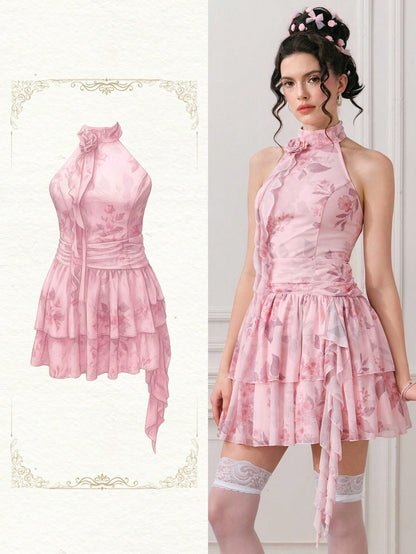 ROMWE EDITION Vestido corto elegante sin mangas con estampado floral y plisados para mujer