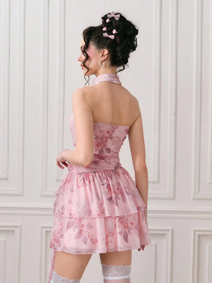 ROMWE EDITION Vestido corto elegante sin mangas con estampado floral y plisados para mujer