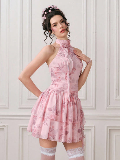 ROMWE EDITION Vestido corto elegante sin mangas con estampado floral y plisados para mujer