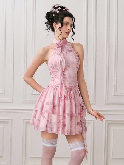 ROMWE EDITION Vestido corto elegante sin mangas con estampado floral y plisados para mujer