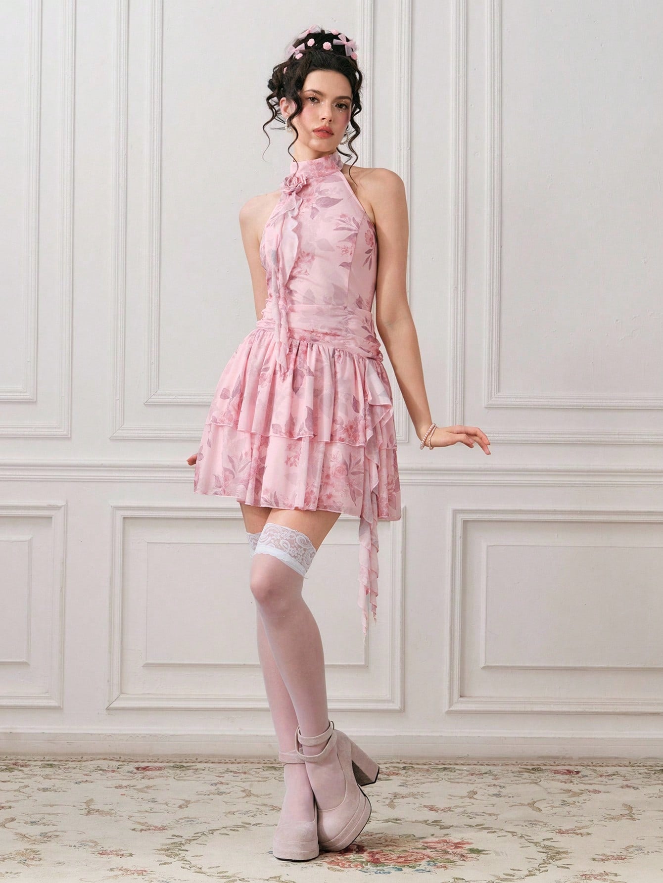 ROMWE EDITION Vestido corto elegante sin mangas con estampado floral y plisados para mujer