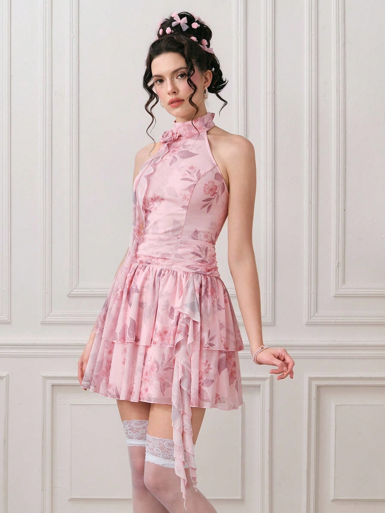 ROMWE EDITION Vestido corto elegante sin mangas con estampado floral y plisados para mujer