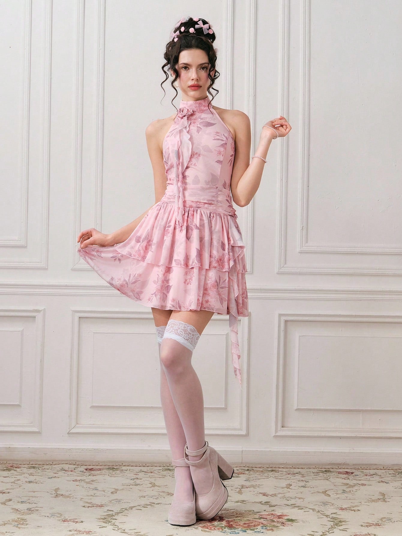 ROMWE EDITION Vestido corto elegante sin mangas con estampado floral y plisados para mujer