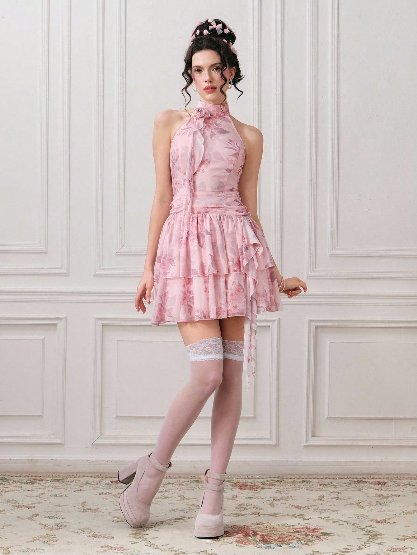 ROMWE EDITION Vestido corto elegante sin mangas con estampado floral y plisados para mujer