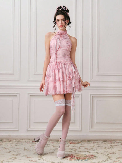 ROMWE EDITION Vestido corto elegante sin mangas con estampado floral y plisados para mujer