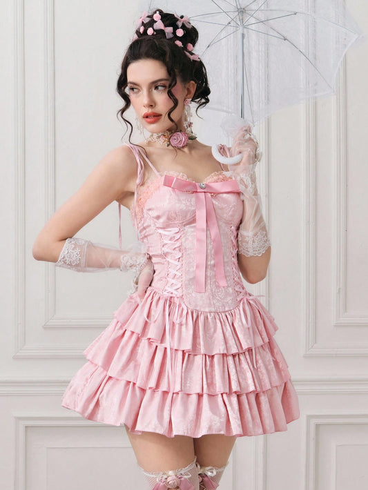 ROMWE ROMWE EDITION Vestido de satén con textura, con diseño de volantes multicapa y estilo vintage palaciego, adecuado para bodas