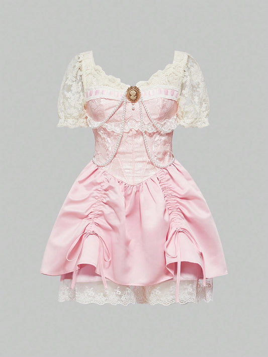 ROMWE ROMWE EDITION Vestido mini de mujer con falda con volumen, estilo vintage palaciego, romantico, de encaje y parches, con decoración de cadena de perlas