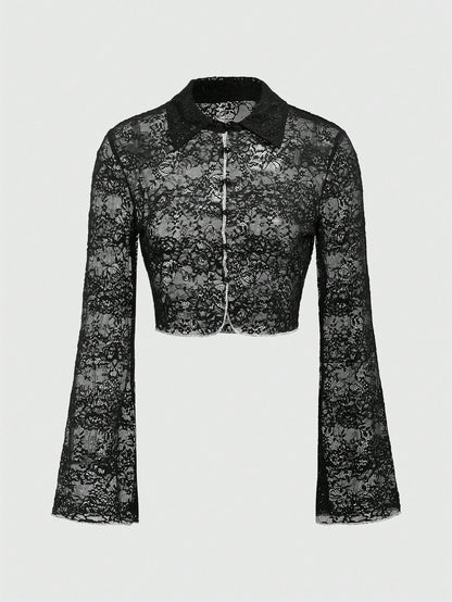 ROMWE Fairycore Blusa casual ajustada con bordado y cordones frontales para mujer