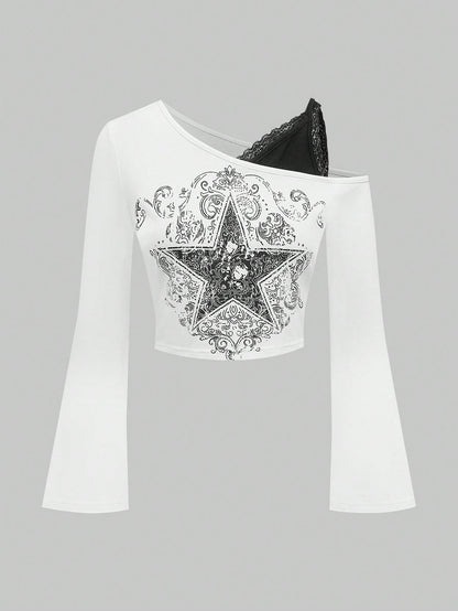 ROMWE Fairycore Blusa con estampado de estrella y enredadera con hombro asimétrico