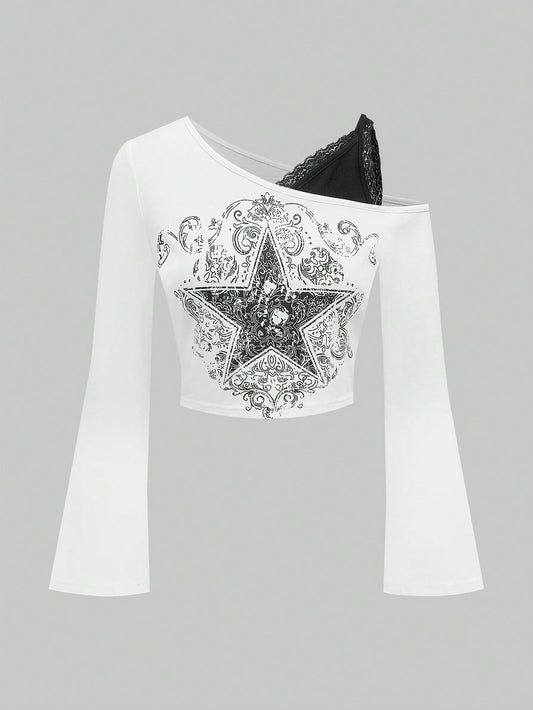 ROMWE Fairycore Blusa con estampado de estrella y enredadera con hombro asimétrico