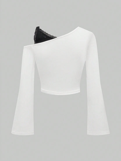 ROMWE Fairycore Blusa con estampado de estrella y enredadera con hombro asimétrico