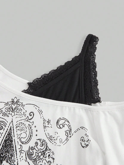 ROMWE Fairycore Blusa con estampado de estrella y enredadera con hombro asimétrico