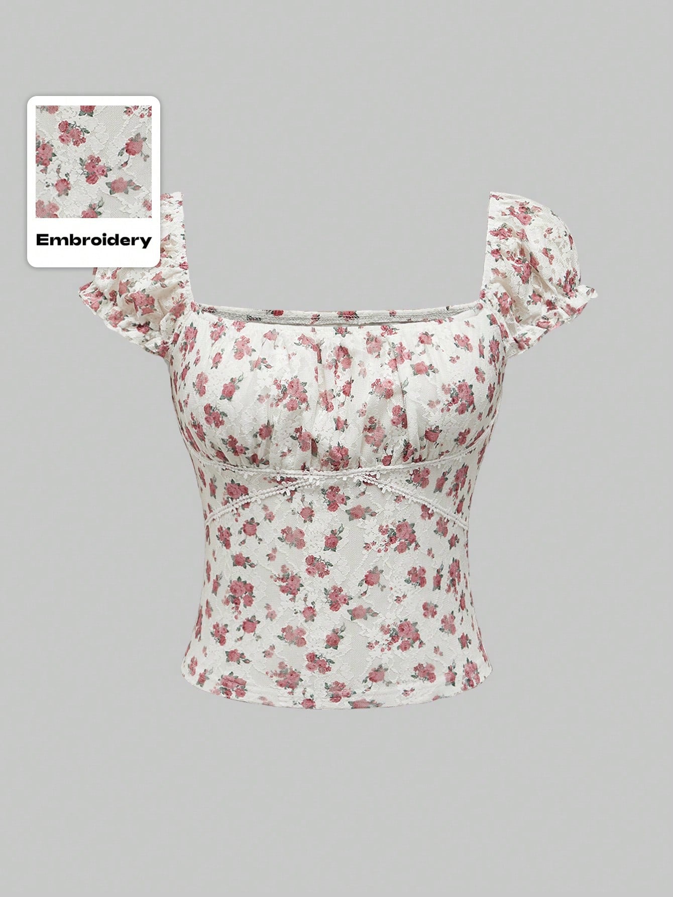ROMWE Fairycore Blusa de encaje para mujer con diseño de flores, cuello cuadrado, manga bufanda y dobladillo fruncido