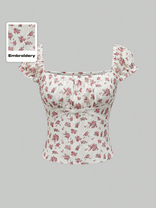 ROMWE Fairycore Blusa de encaje para mujer con diseño de flores, cuello cuadrado, manga bufanda y dobladillo fruncido