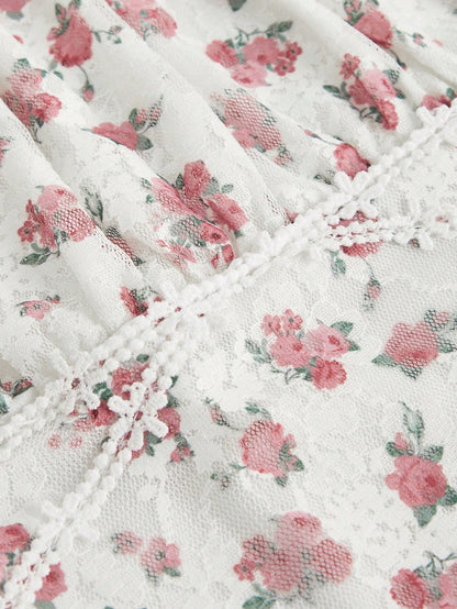 ROMWE Fairycore Blusa de encaje para mujer con diseño de flores, cuello cuadrado, manga bufanda y dobladillo fruncido