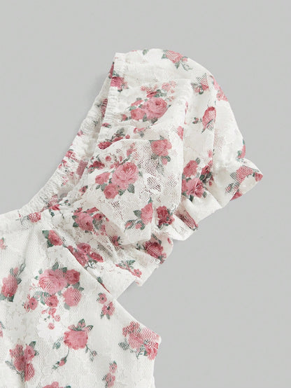 ROMWE Fairycore Blusa de encaje para mujer con diseño de flores, cuello cuadrado, manga bufanda y dobladillo fruncido