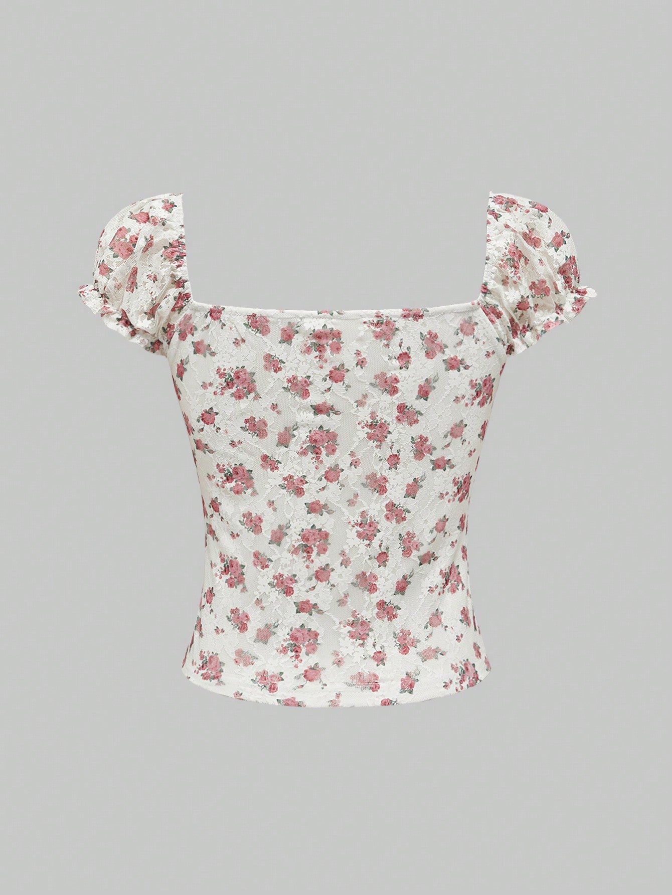 ROMWE Fairycore Blusa de encaje para mujer con diseño de flores, cuello cuadrado, manga bufanda y dobladillo fruncido