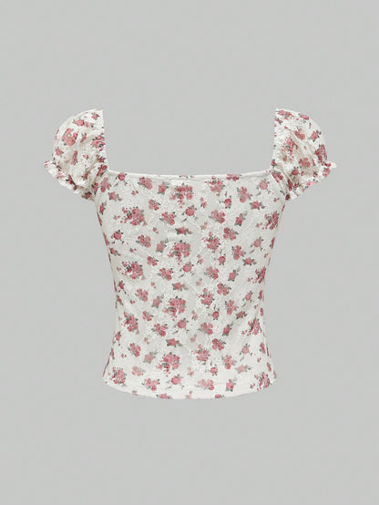 ROMWE Fairycore Blusa de encaje para mujer con diseño de flores, cuello cuadrado, manga bufanda y dobladillo fruncido