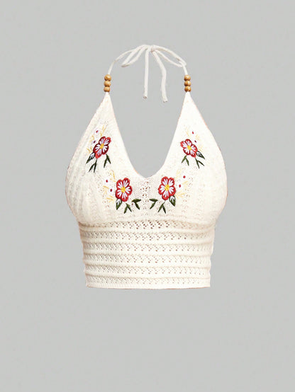 ROMWE Fairycore Blusa de halter sin espalda con cuello de madera bordada y crochet para vacaciones para damas