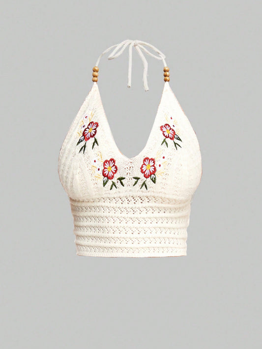ROMWE Fairycore Blusa de halter sin espalda con cuello de madera bordada y crochet para vacaciones para damas