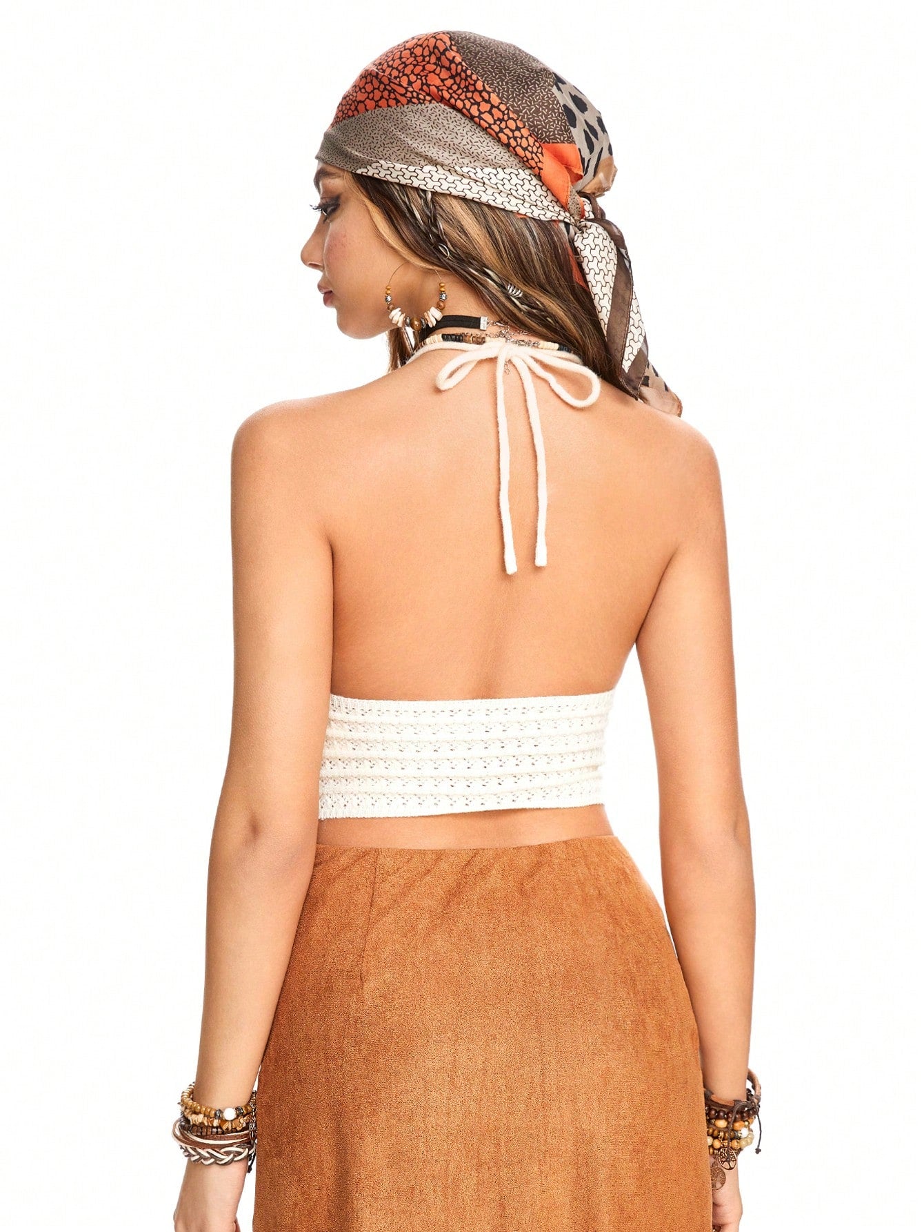 ROMWE Fairycore Blusa de halter sin espalda con cuello de madera bordada y crochet para vacaciones para damas