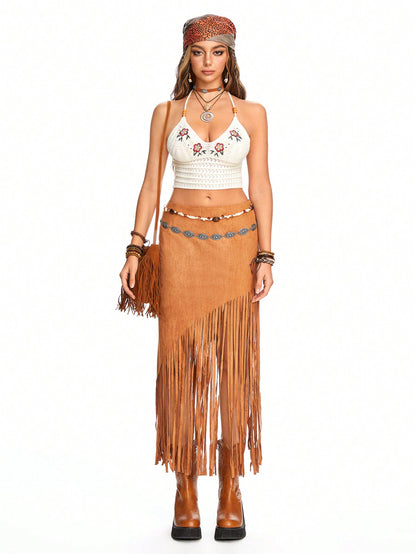 ROMWE Fairycore Blusa de halter sin espalda con cuello de madera bordada y crochet para vacaciones para damas