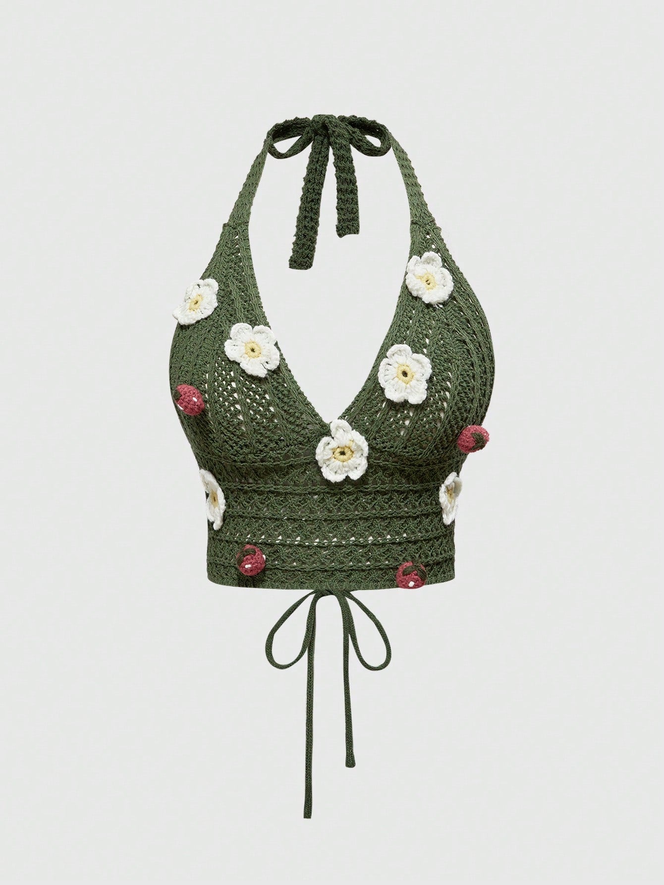 ROMWE Fairycore Blusa de punto con cuello de lazo, bordado de flores y fresas, estilo vacacional para mujer