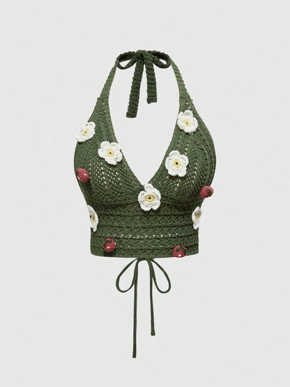 ROMWE Fairycore Blusa de punto con cuello de lazo, bordado de flores y fresas, estilo vacacional para mujer