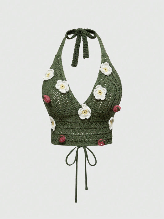ROMWE Fairycore Blusa de punto con cuello de lazo, bordado de flores y fresas, estilo vacacional para mujer