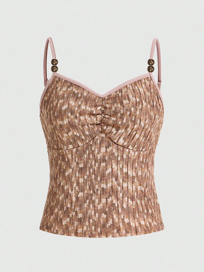 ROMWE Fairycore Cami Top Con Estampado Para Mujeres Con Ribete En Contraste Y Fruncido